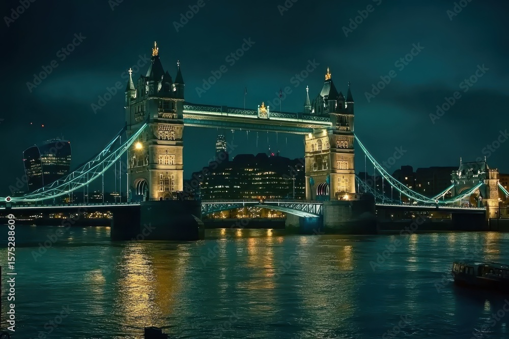 Obraz premium Night time lapse captures the beauty of Tower Bridge with illuminated reflections in the River Thames, Night timelapse on Tower Bridge, London