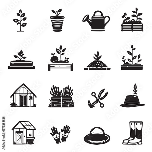 Collection of gardening and farming icons in a black and white style set of icon