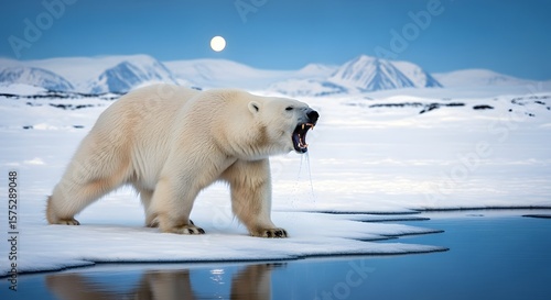 Majestic Polar Bear Growling on Icy Landscape with Snowcapped Mountains