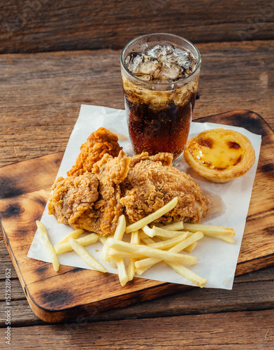 Fotografie Crispy Fried Chicken with French Fries and Cold Soda Drink