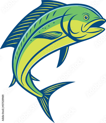 Vibrant mahi mahi fish leaping out of water in a dynamic silhouette style