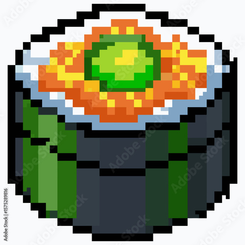 Pixel art icon of a sushi roll with rice and nori