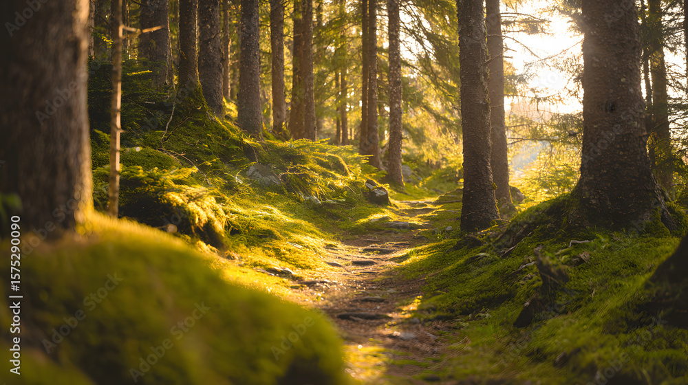 Obraz premium Sunlit forest path with golden rays through trees, a serene nature escape