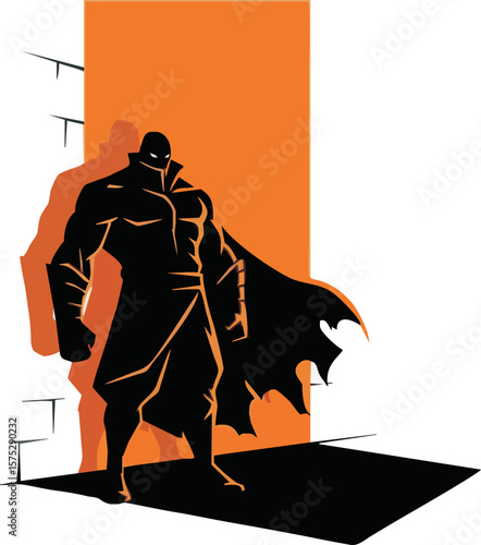 Silhouette of a powerful superhero standing in a shadowed corner.
