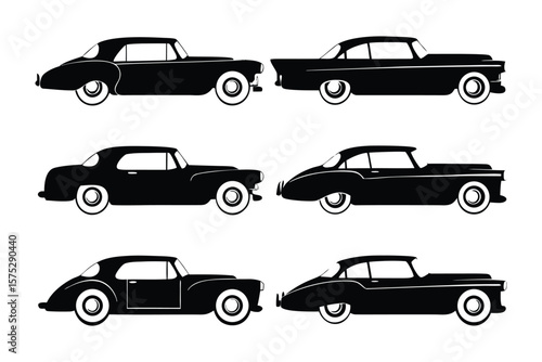Vintage Cars Silhouette Collection: A collection of classic vintage cars silhouetted against a stark contrast, each exuding timeless elegance and evoking a sense of nostalgia for automotive design.