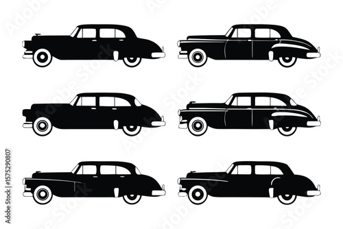 Classic Black Vintage Car Silhouette Set: Iconic black vintage cars, showcasing their elegant silhouettes in a stylized presentation.