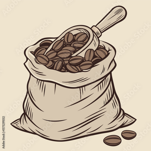 A digital illustration featuring a burlap sack overflowing with roasted coffee beans. A wooden scoop is nestled amongst the beans within the sack.