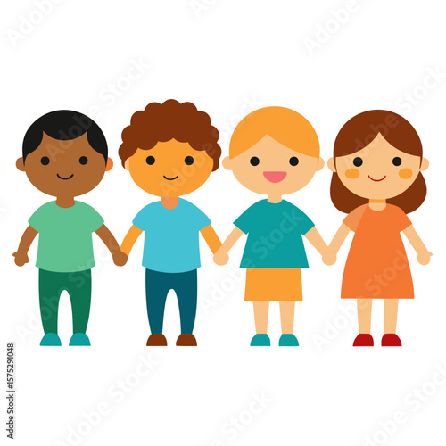 Cartoon Children of Different Ethnicities Holding Hands