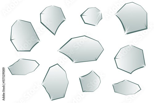 Collection of abstract broken glass pieces. sharp fragments, and shattered  glass elements