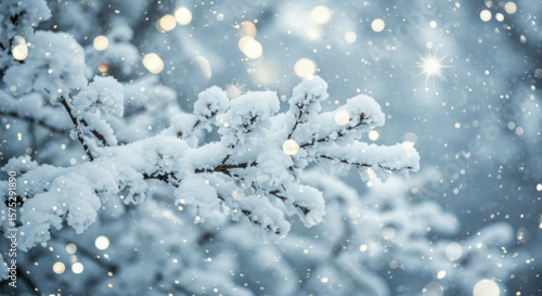 Snow Covered Branch Sparkling with Festive Lights Winter Scene