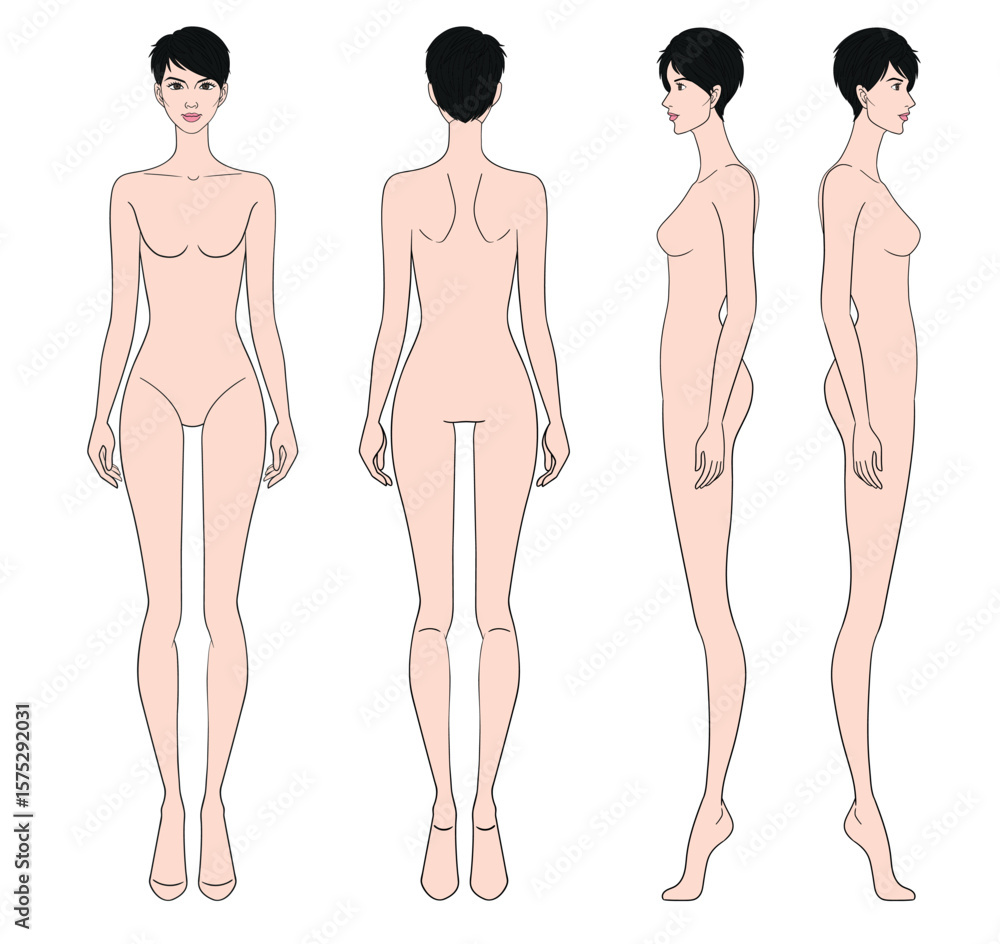 Fototapeta premium Colored fashion croquis figurines front side back view with short hair woman in vector.