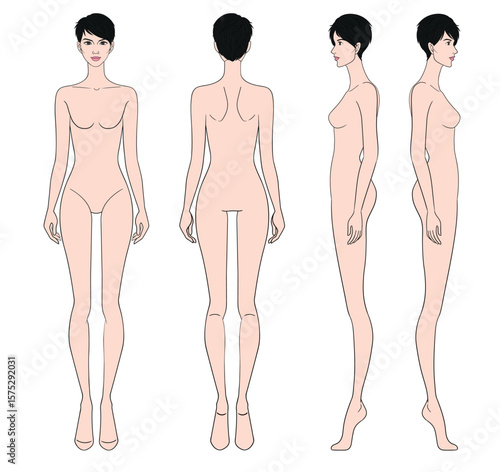 Colored fashion croquis figurines front side back view with short hair woman in vector.