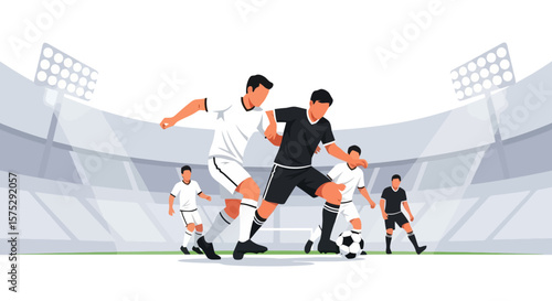 Intense Soccer Duel: Players Battling for the Ball in a Stadium