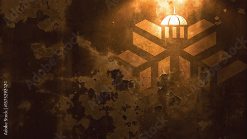 Old, dark church building at night with light shining through an ancient stained glass window