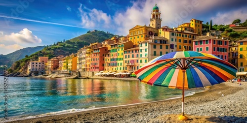 Fototapeta Naklejka Na Ścianę i Meble -  A picturesque umbrella being carried on a beach with colorful Italian Riviera buildings in the background , italy