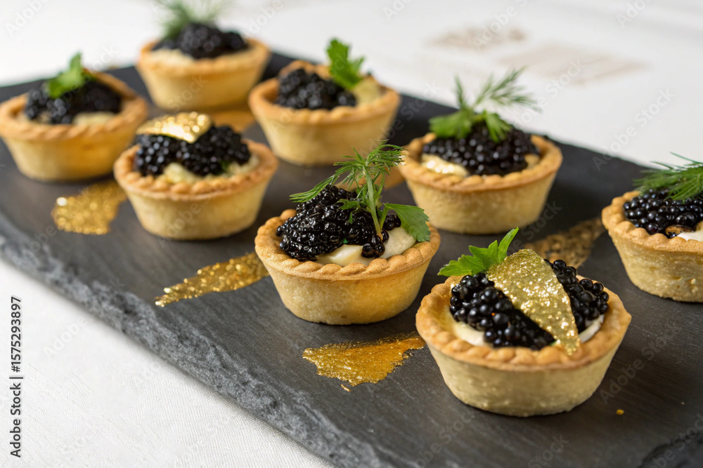 A plate of blackberry tarts with gold leaf on top A plate of blackberry tarts with gold leaf on top