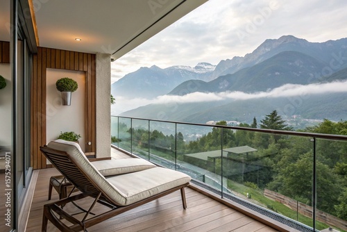 A balcony overlooking a beautiful mountain range with two lounge chairs