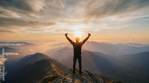 Successful man stand top of alps mountain. Fun adventure. Hiker achieve high rock peak. Travel success freedom motivation concept. Tourist climber go hike enjoy view. Backpacker explore epic journey.