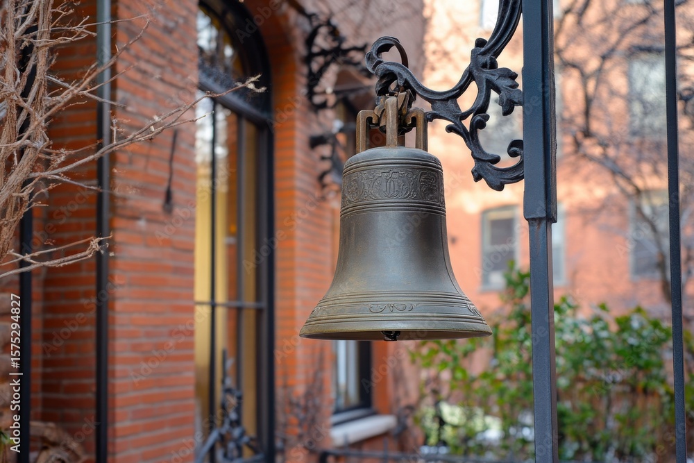 Fototapeta premium Historic bell ringing evokes nostalgia outside brick building in afternoon light, Historic Bell Ringing Outside Building