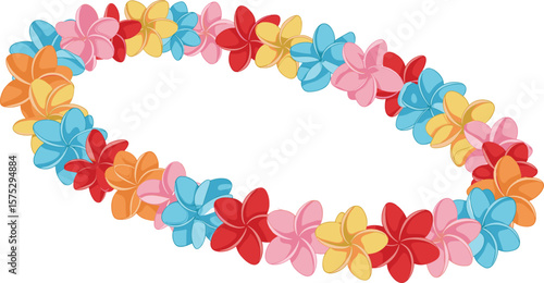 Bright colorful flower lei, tropical Hawaiian garland, summer plumeria wreath, festive island decoration, exotic floral necklace, vector design, celebration theme