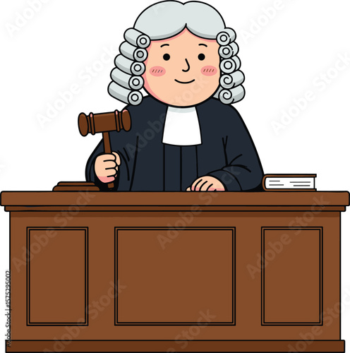 Cartoon judge at courtroom desk with gavel, legal justice concept, law authority illustration, judiciary clipart, courtroom decision making art