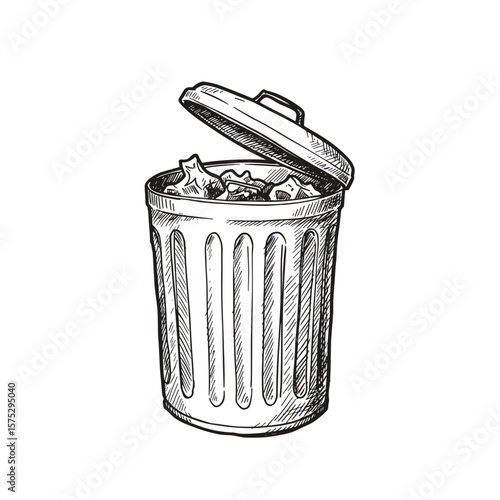 Trash can with lid open filled with waste in sketch style  