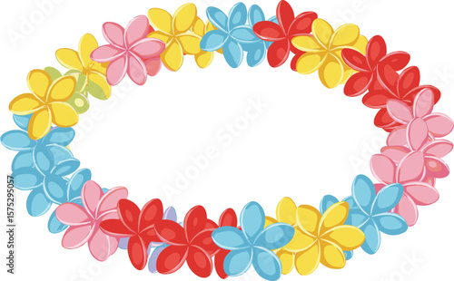 Colorful Hawaiian flower lei illustration, tropical floral wreath, summer plumeria garland, beach party decoration, exotic bloom ring, vector clipart design