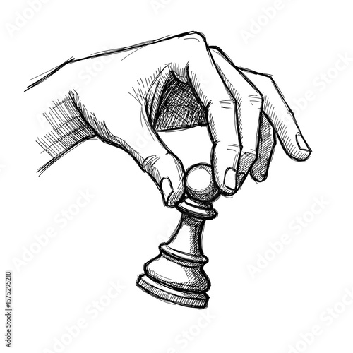 Hand with pawn in sketch style holding chess piece  