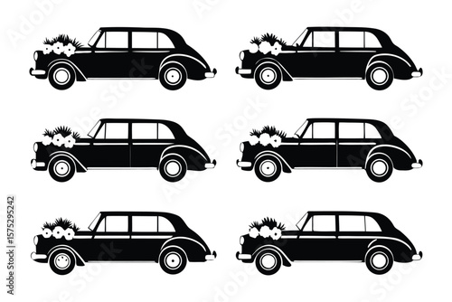 Classic Wedding Cars: A collection of classic black cars, adorned with delicate floral arrangements, epitomizing timeless elegance, tradition and a celebration of love.