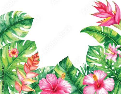 Hand-painted watercolor frame featuring vibrant hibiscus flowers, heliconia, and monstera leaves. This tropical floral border is perfect for summer invitations, exotic wedding themes, travel posters.