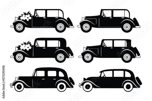 Vintage Black Car Collection: A curated collection of classic, vintage automobiles, each exuding timeless elegance and sophistication with clean, modern lines, in elegant display.