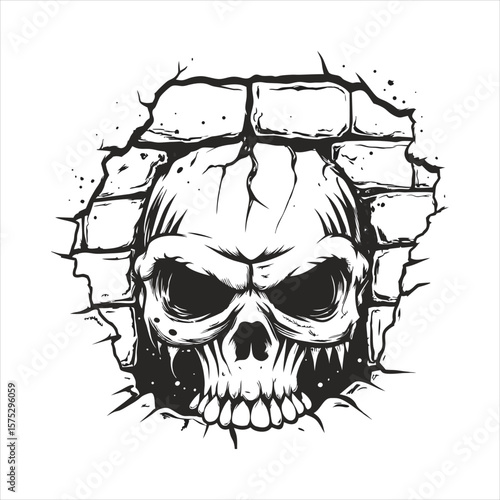 Menacing skull bursts through a crumbling brick wall, radiating an aura of horror and decay isolated on white background
