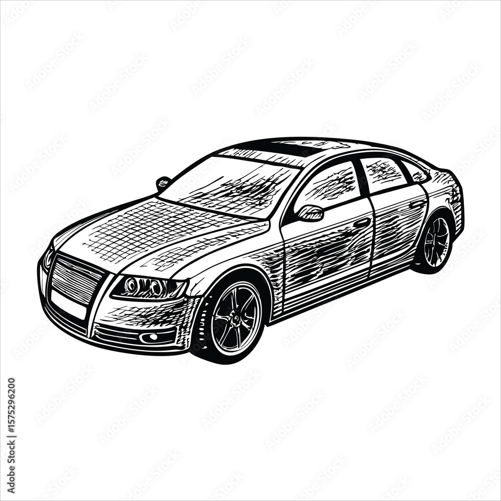Fototapeta premium Detailed black and white sketch of a modern luxury car isolated on white background, showcasing sleek design and intricate line work