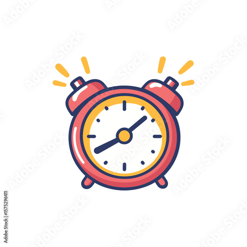 Ringing Red Alarm Clock with Gold Outline, Wakeup Time on White Background