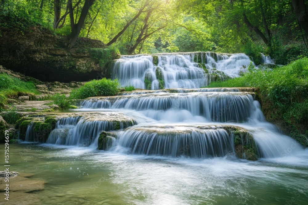 Fototapeta premium Captivating cascades of Nelson Falls surrounded by lush greenery and sunlight, Nelson falls beautiful water streams and cascades rush through green forest