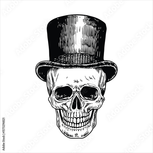 Skull wearing a top hat exudes a vintage gothic charm, isolated on white background, blending macabre and elegance