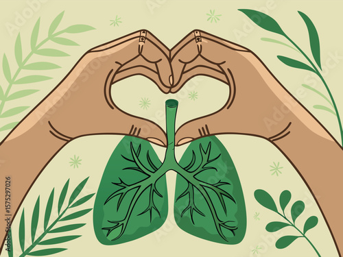 Vector illustration of hands holding green lungs with leaves