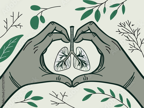 Vector illustration of hands holding lungs with leaves