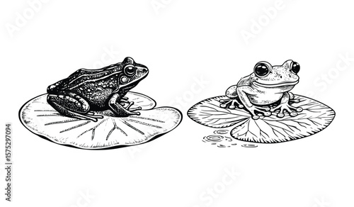 Frogs sit peacefully on lily pads, isolated on white background, rendered in a detailed, handdrawn illustration style