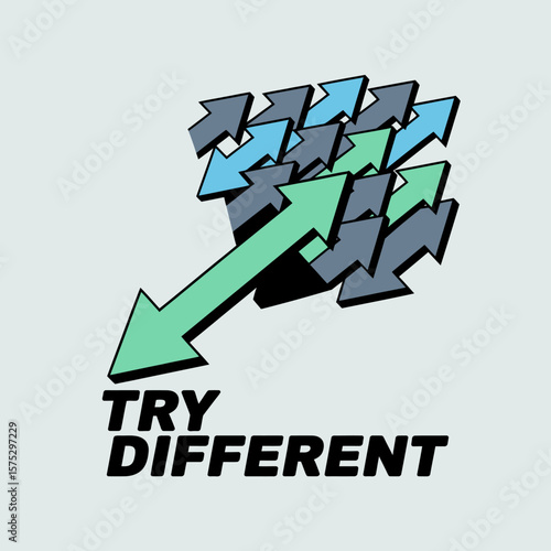 One large green arrow breaks away from a cluster of smaller grey and blue arrows symbolizing individuality and thinking outside the box with the words try different