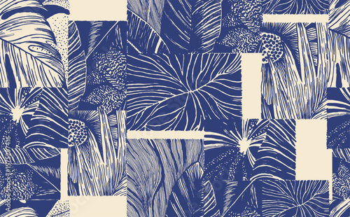 Artistic hand drawn foliage collage featuring tropical leaves seamless pattern, organic textures, and intricate linework. Bold indigo on cream evokes a vintage botanical print feel