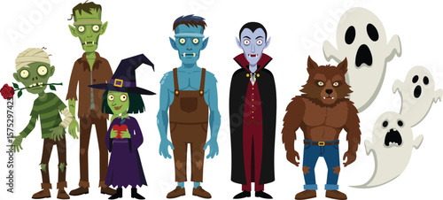 Spooky Halloween Characters: Zombie, Mummy, Witch, Frankenstein, Vampire, Werewolf, and Ghost Family Illustration