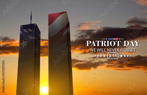 Silhouette of Towers and USA flag against the sunset. Patriot Day banner. 9.11.2001