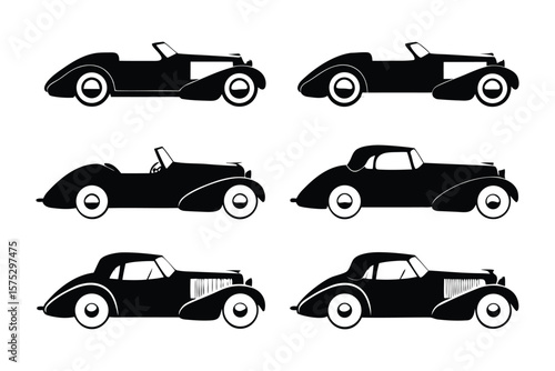 Vintage Car Silhouettes: A set of elegantly illustrated classic vintage cars in silhouette, offering a timeless aesthetic and capturing the spirit of automotive history.