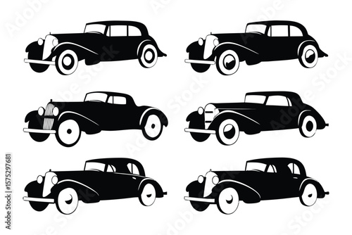 Vintage Car Collection: A series of six elegant, black vintage cars captured in a classic silhouette, a nod to automotive history, exuding timeless charm and showcasing their iconic designs.