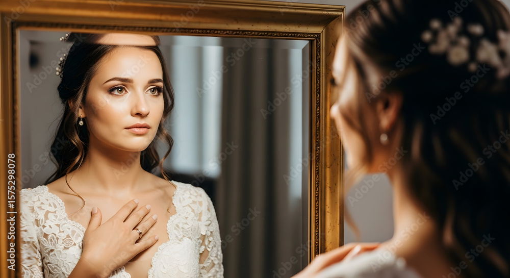 Naklejka premium Emotional Bride Looking at Herself in Antique Mirror Before Wedding