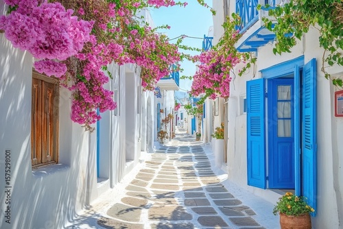 Fototapeta Naklejka Na Ścianę i Meble -  Charming streets of a traditional town in Paros island decorated with vibrant bougainvillea, Paros island local traditional town Beautiful mediterranean architecture Greece