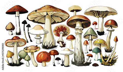 Diverse collection of mushrooms, isolated on white background, showcasing the beauty and variety of fungi in nature