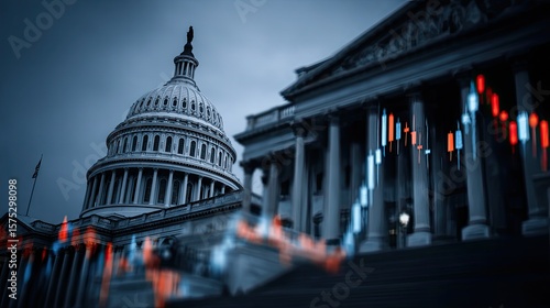 US Capitol building with overlaid financial data charts, symbolizing economy, government and regulation