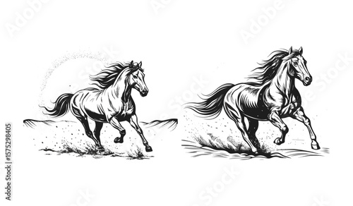 Horses galloping across a sandy landscape, drawn in a vintage style, isolated on white background